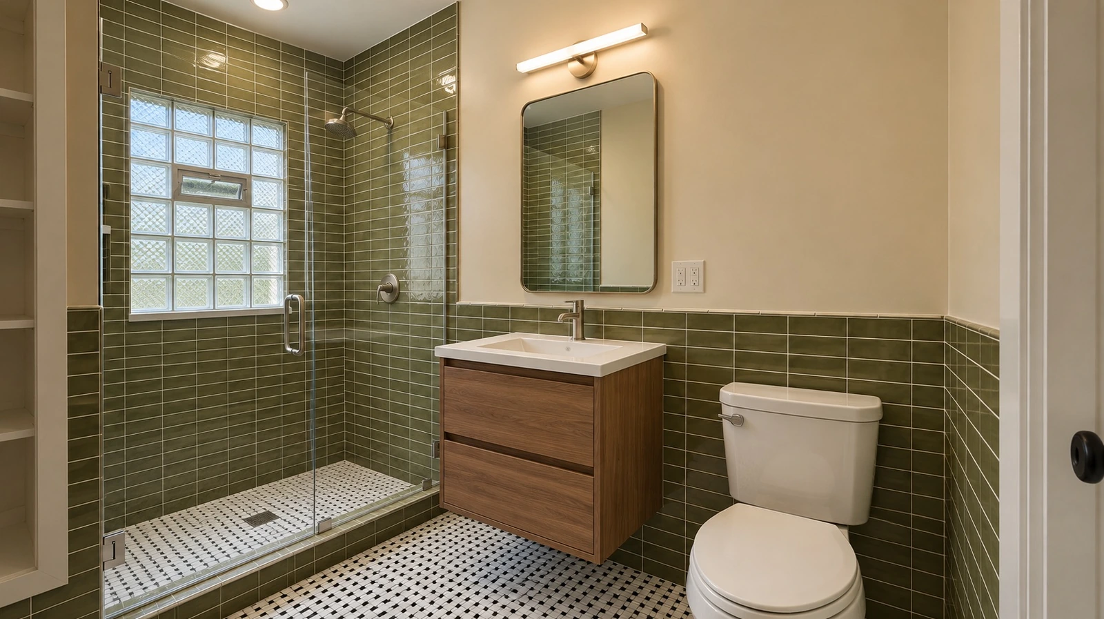 Remodeled bathroom with green tile, a glass shower, floating wood vanity, mirror, and mosaic floor