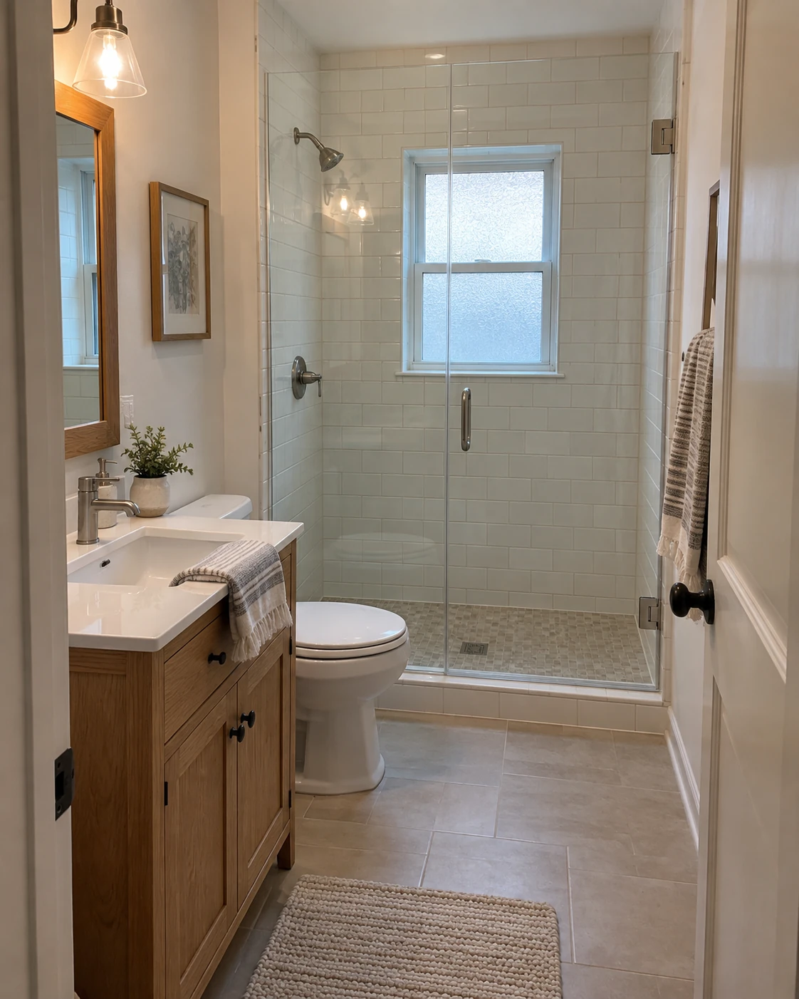 A compact bathroom with oak vanity, ivory tile, and a glass shower enclosure.
